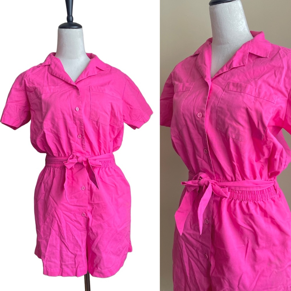Vintage 70s 80s Hot Pink Belted Waist Romper Playsuit